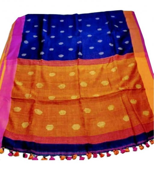 Blue &amp; orange Buti Ball Linen Saree